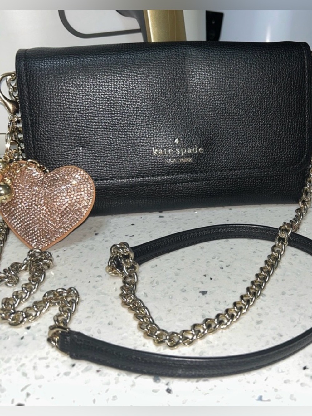 kate spade Black Leather Chain Crossbody with Heart Charm